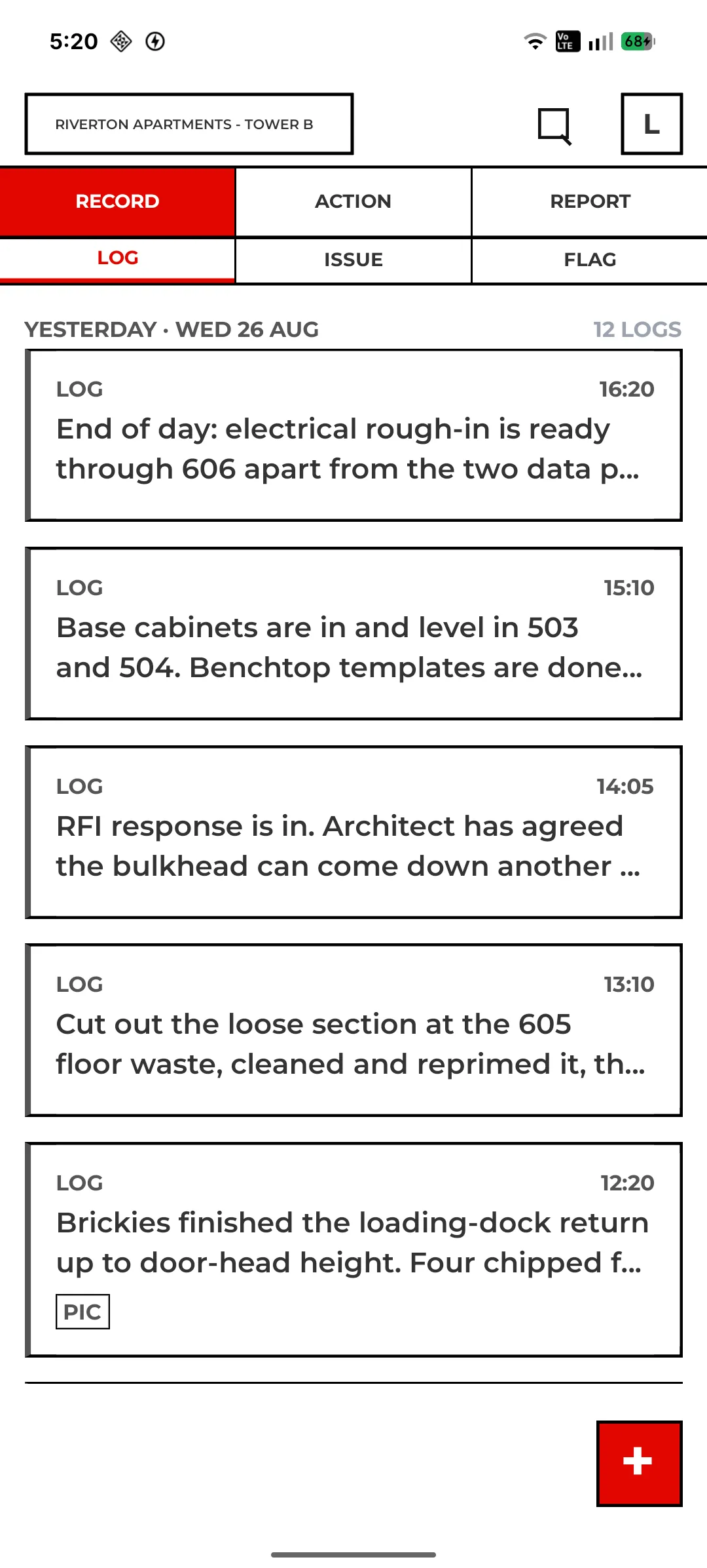 LARD Android site record screen showing twelve records for one project day.