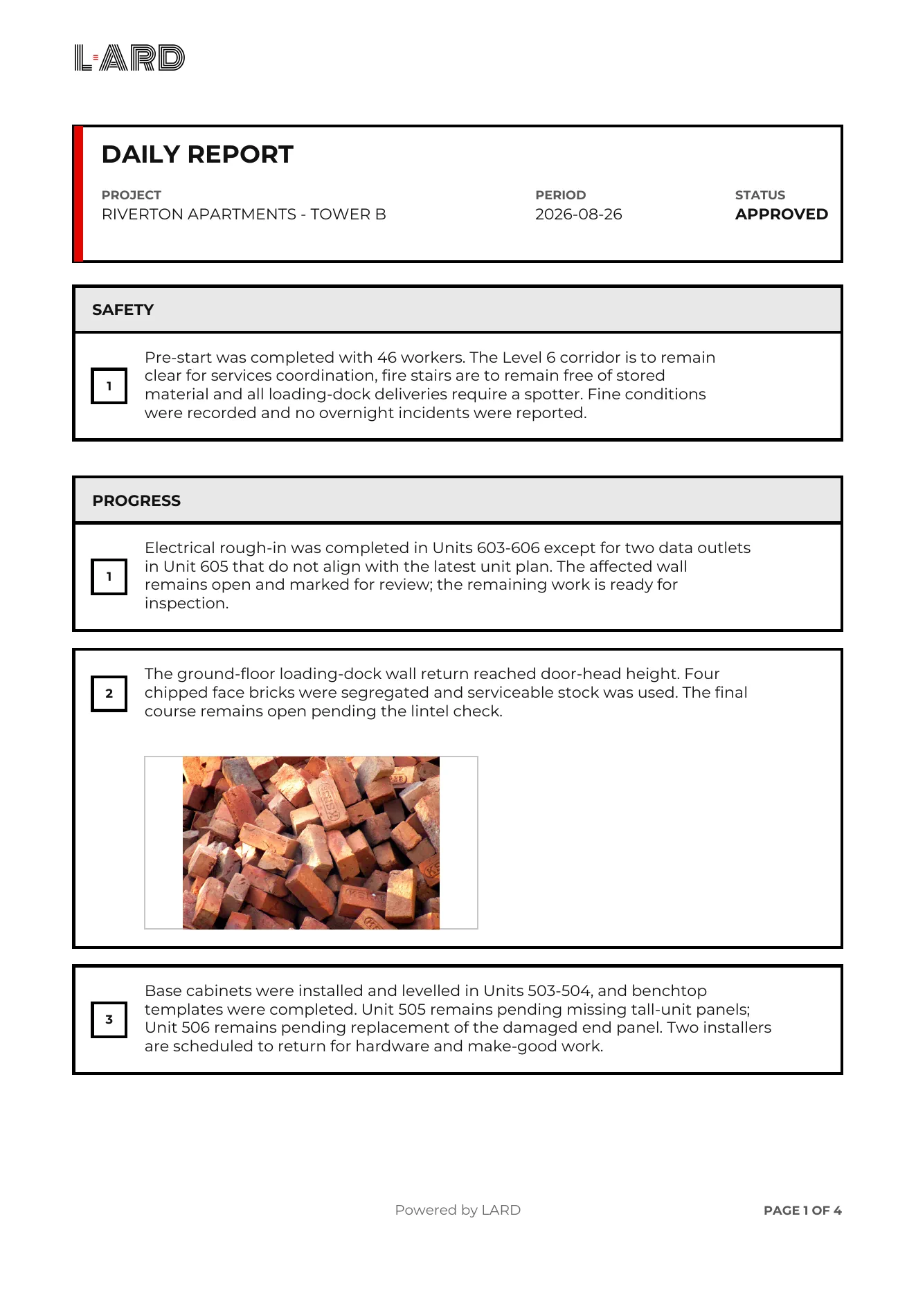 First page of the matching LARD PDF daily report with photo evidence inside the related report item.